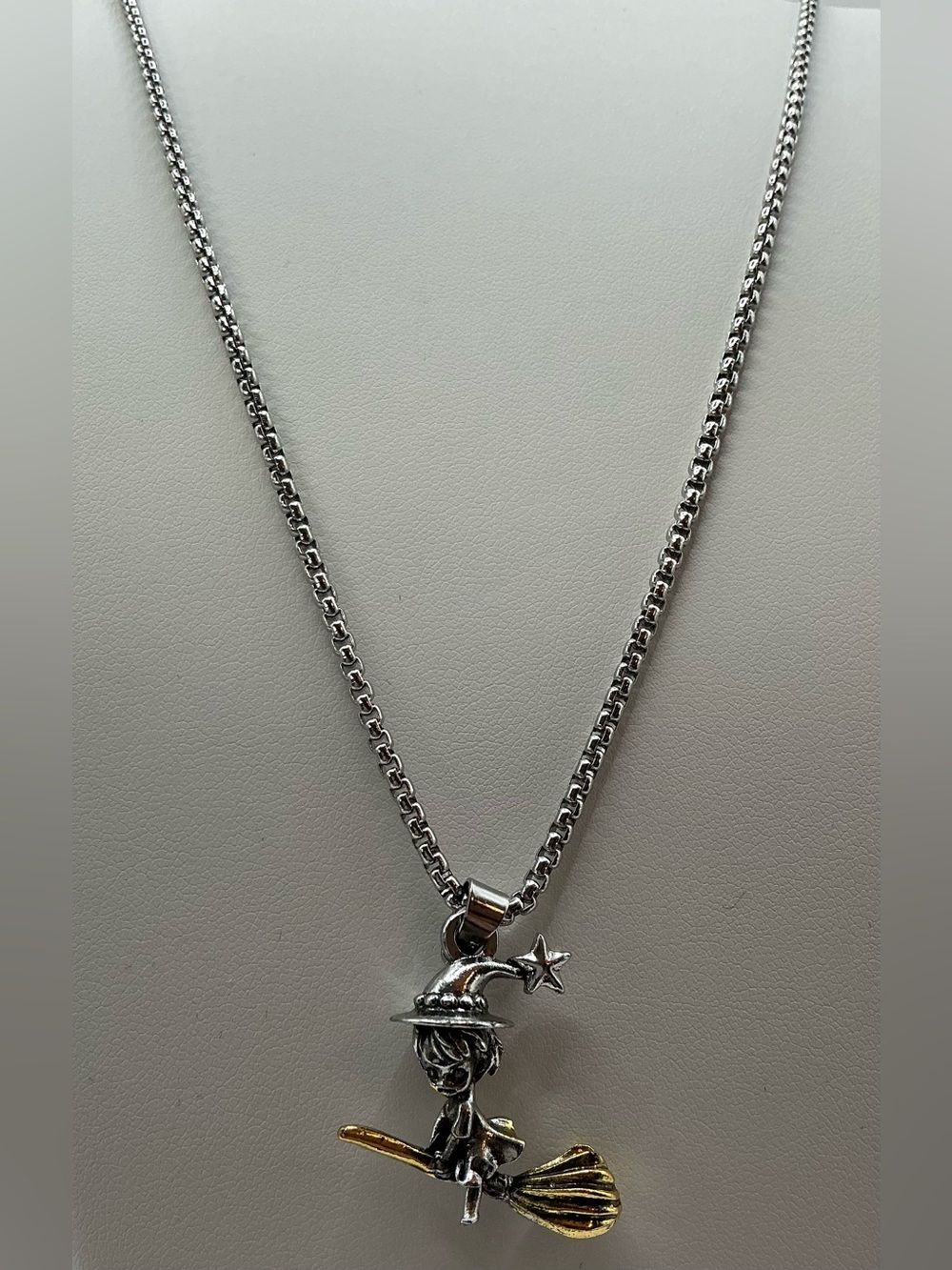 TWO TONE LITTLE GIRL WITCH ON BROOMSTICK 1” PENDANT NECKLACE NWOT REVERSIBLE